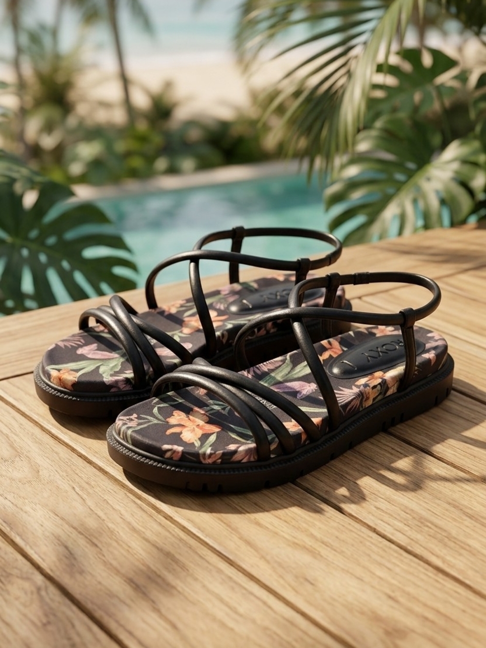 Roxy Black Strappy Sandals with Tropical Floral Footbed